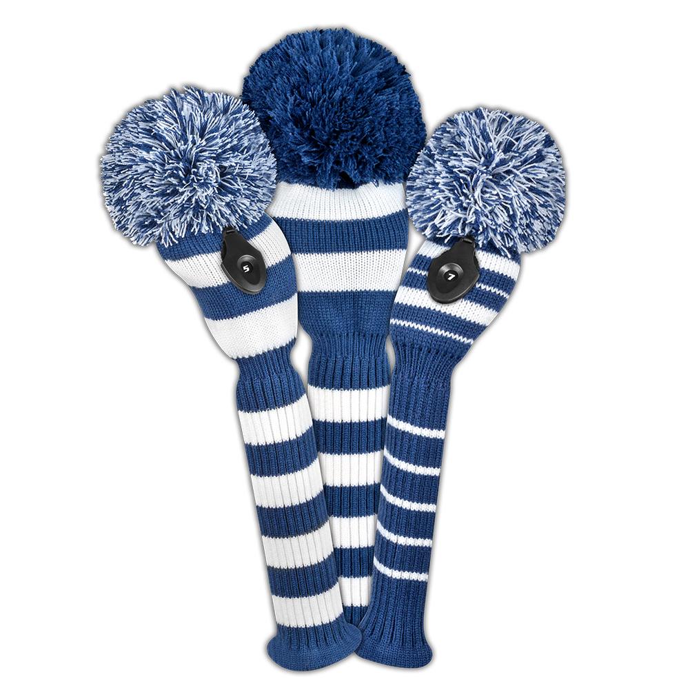 Just4Golf Navy Stripe Knit Headcovers With Pom