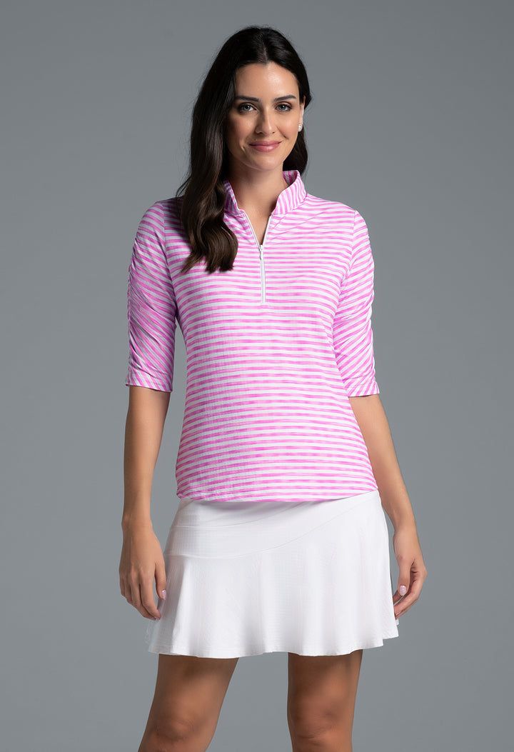 IBKUL Landon Stripe II Ruched Elbow Sleeve Mock