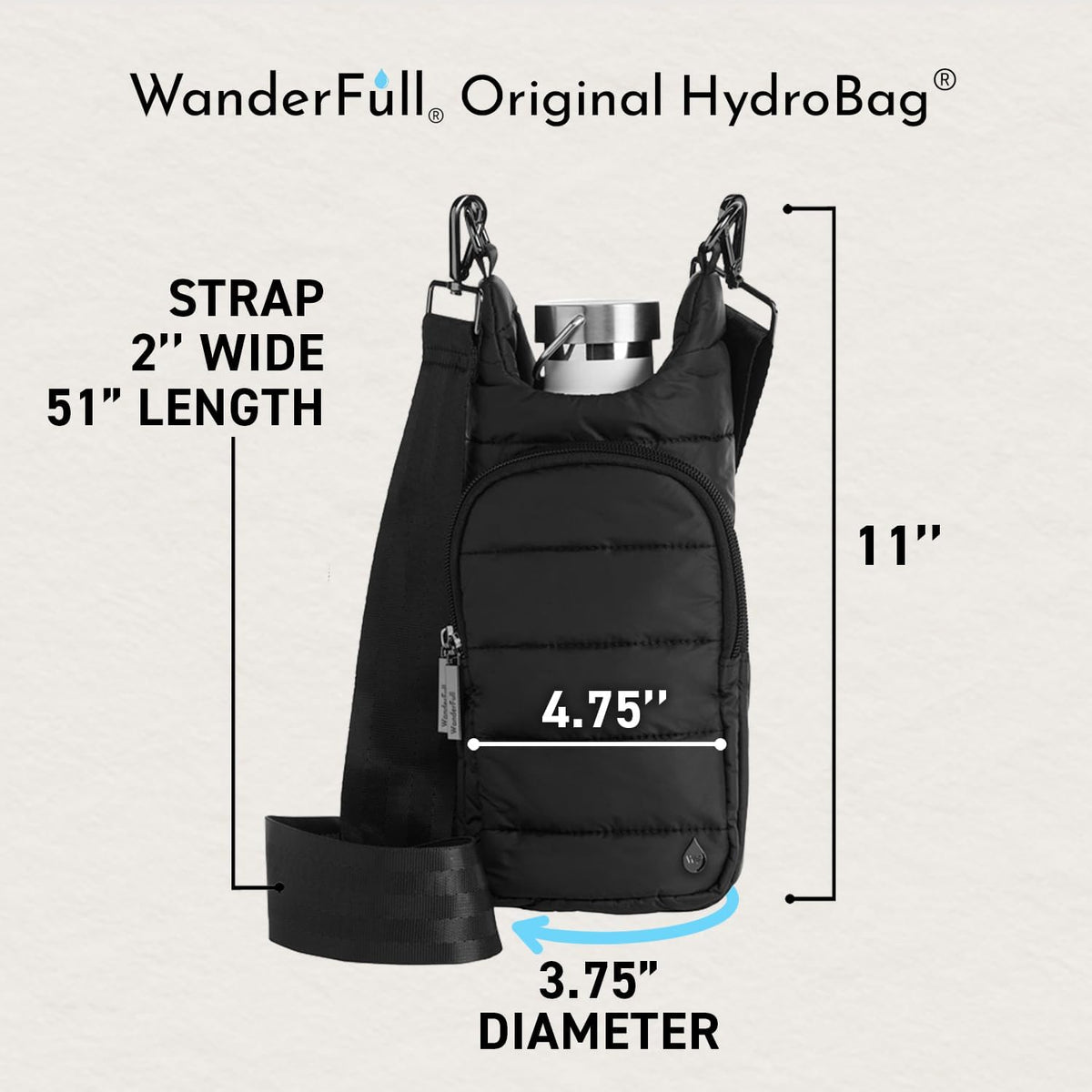WanderFull Classic Matte Black HydroBag® with Black Strap
