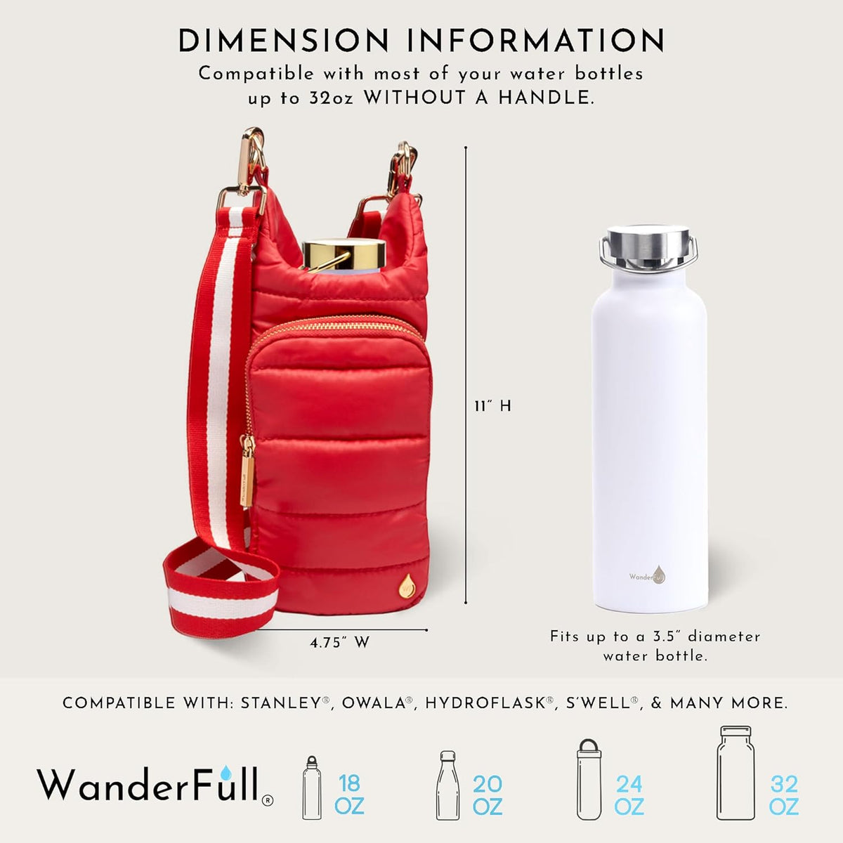 WanderFull Classic Matte Poppy Red HydroBag® with Red/White Striped Strap