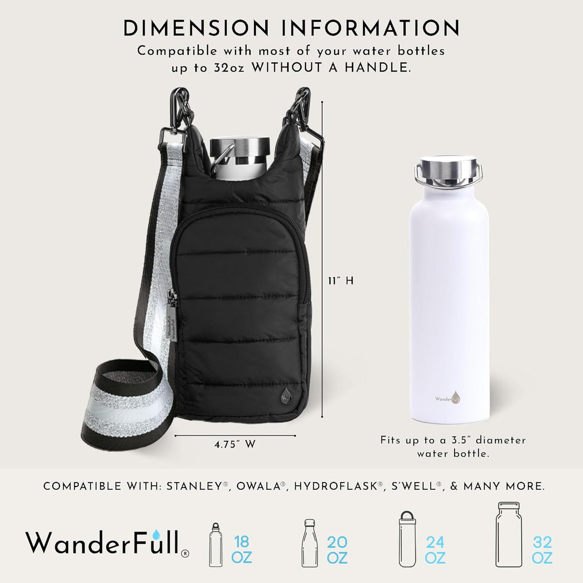 WanderFull Classic Matte Black HydroBag® with Silver Striped Strap