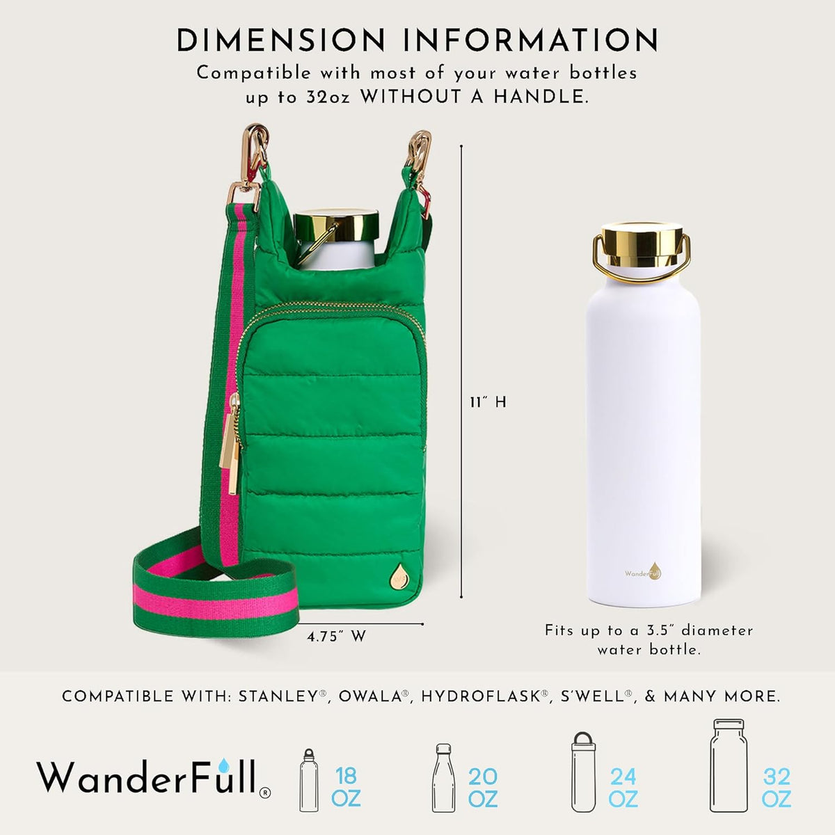 WanderFull Classic Matte Kelly Green HydroBag® with Pink/Green Strap