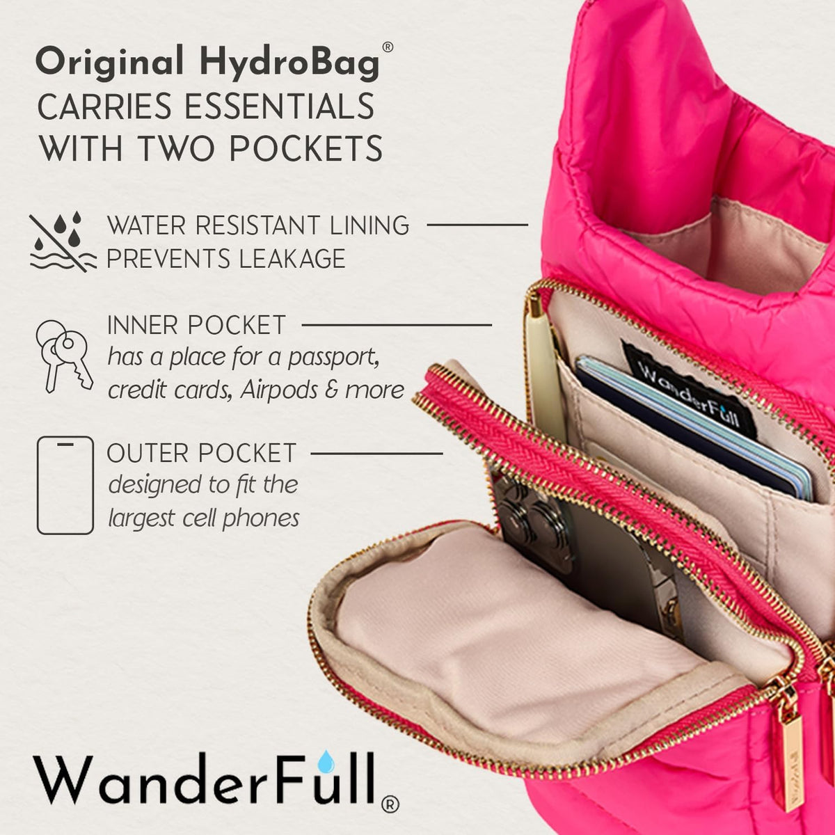 WanderFull Classic Matte Bright Pink HydroBag® with Navy/Pink Strap