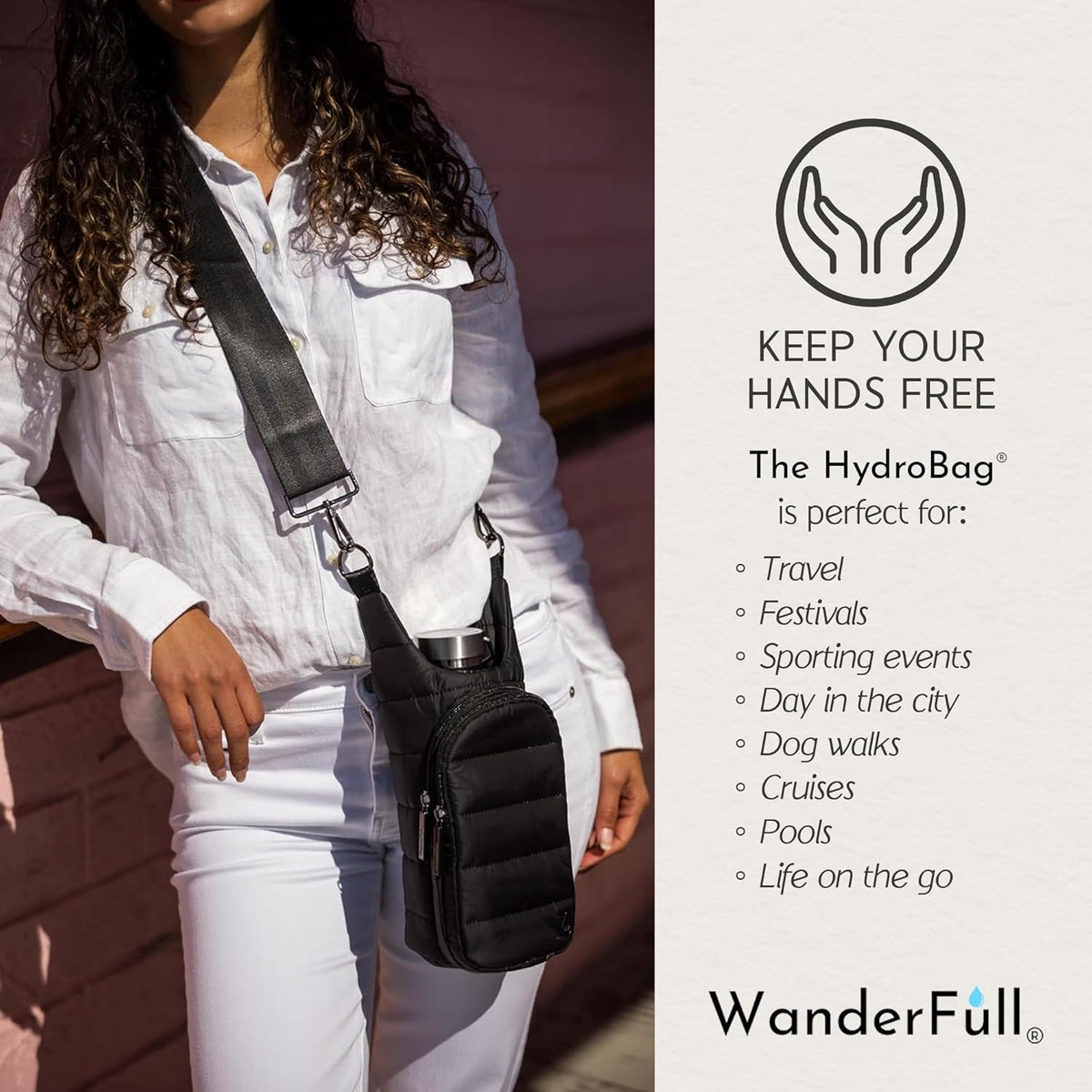 WanderFull Classic Matte Black HydroBag® with Silver Striped Strap