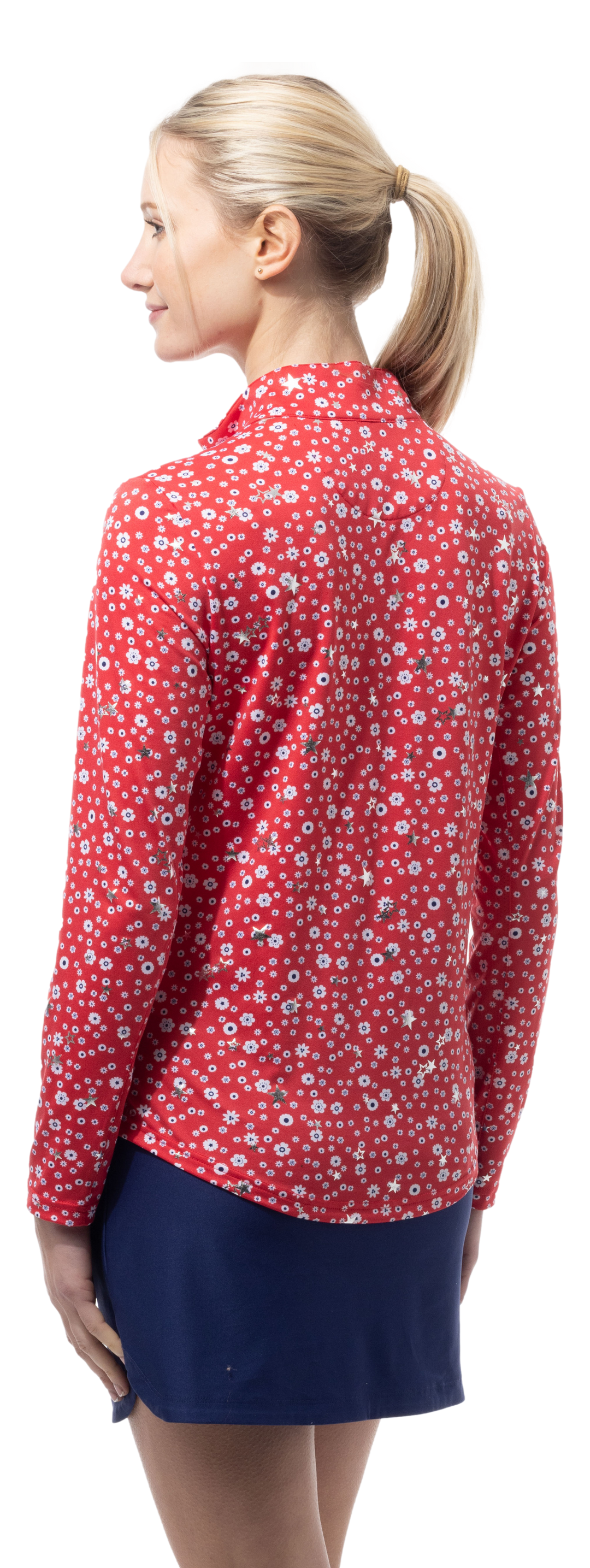 SanSoleil SolShine Star Struck Red Silver 1/4 Zip Mock 
