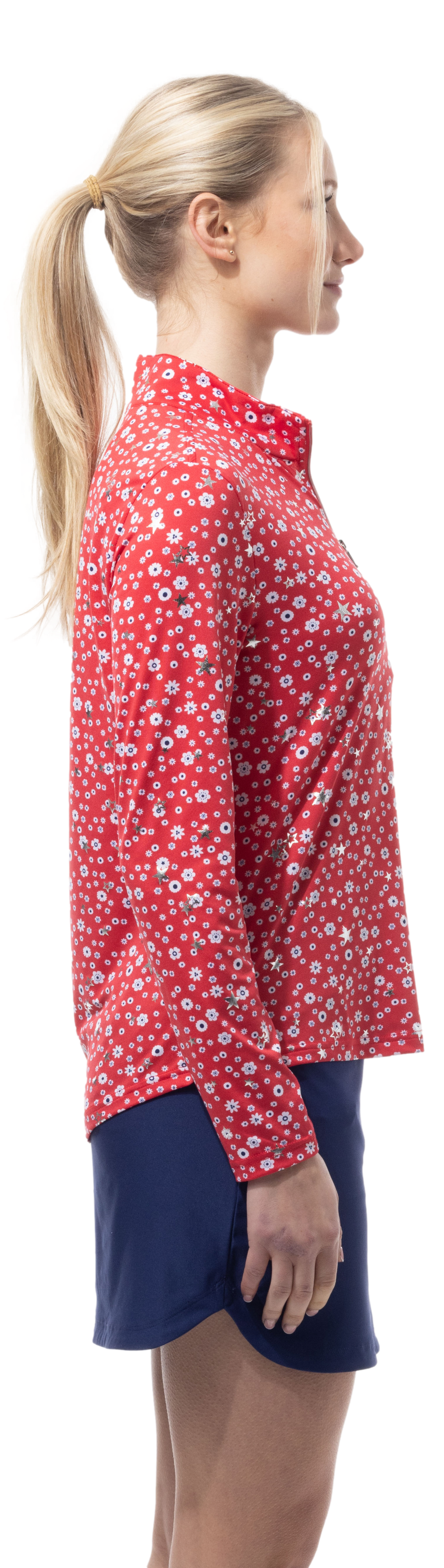 SanSoleil SolShine Star Struck Red Silver 1/4 Zip Mock 