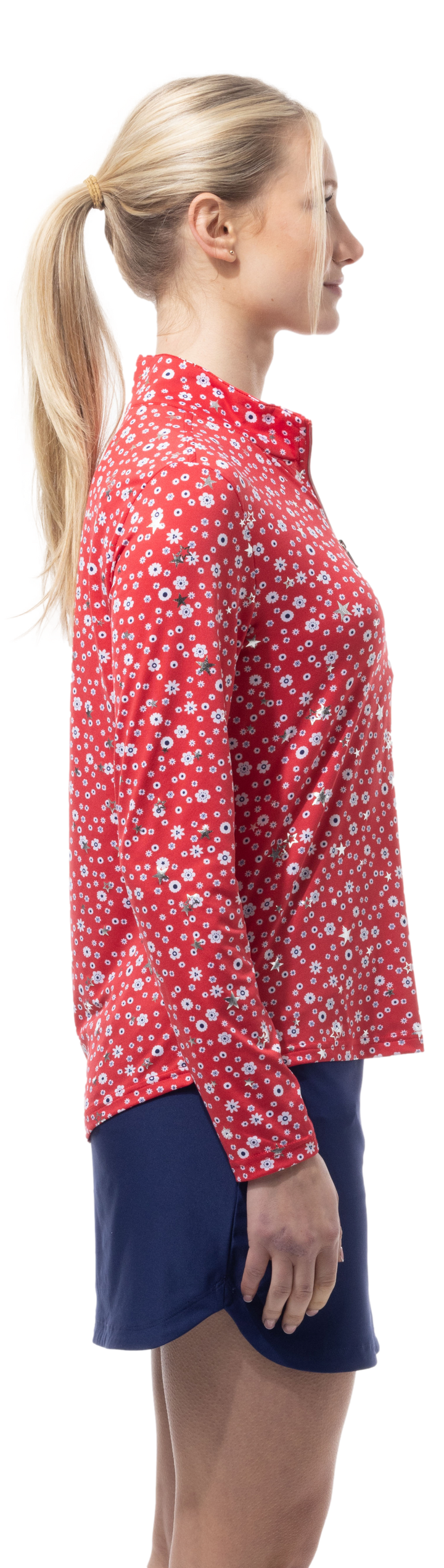 SanSoleil SolShine Star Struck Red Silver 1/4 Zip Mock 