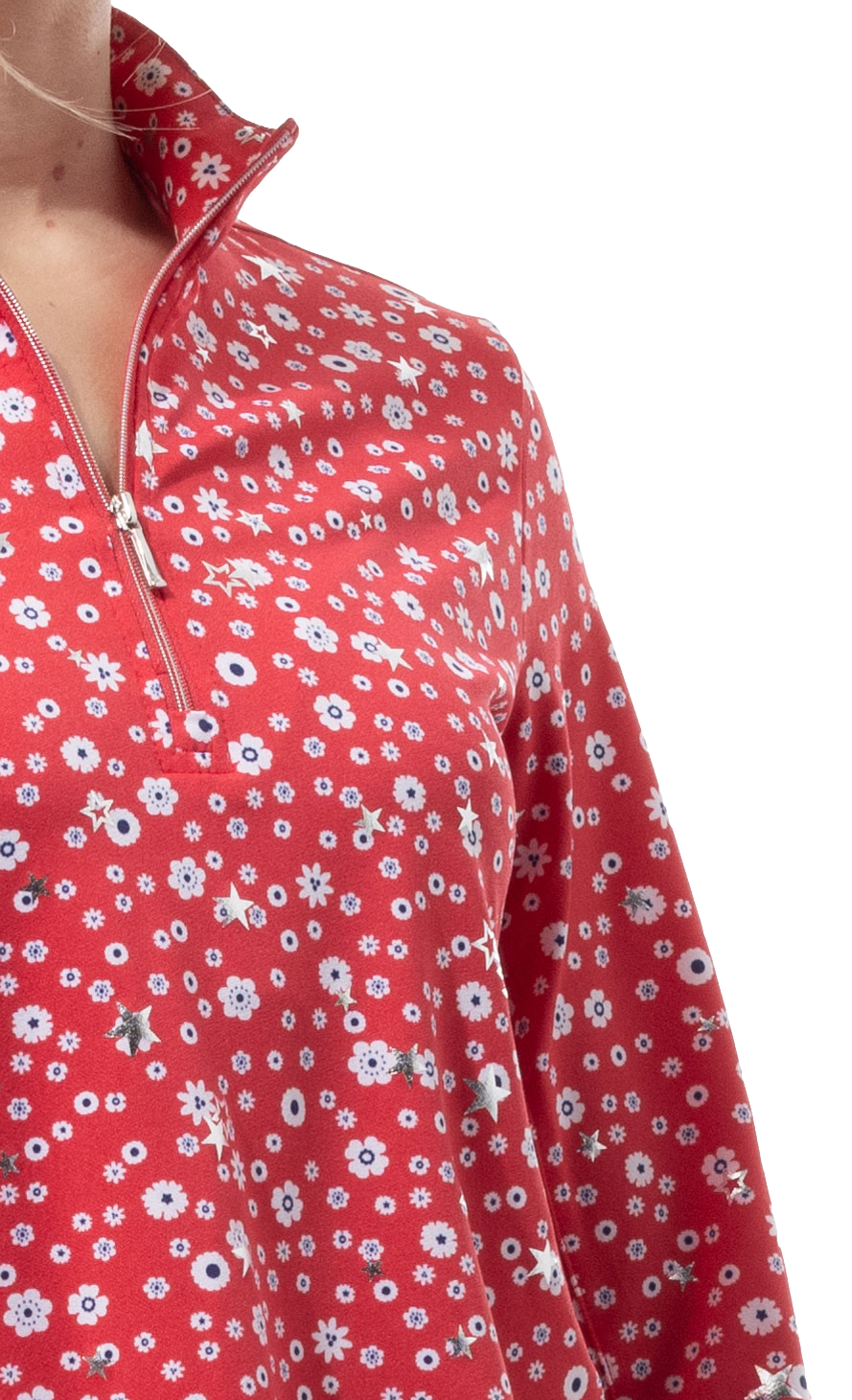 SanSoleil SolShine Star Struck Red Silver 1/4 Zip Mock 