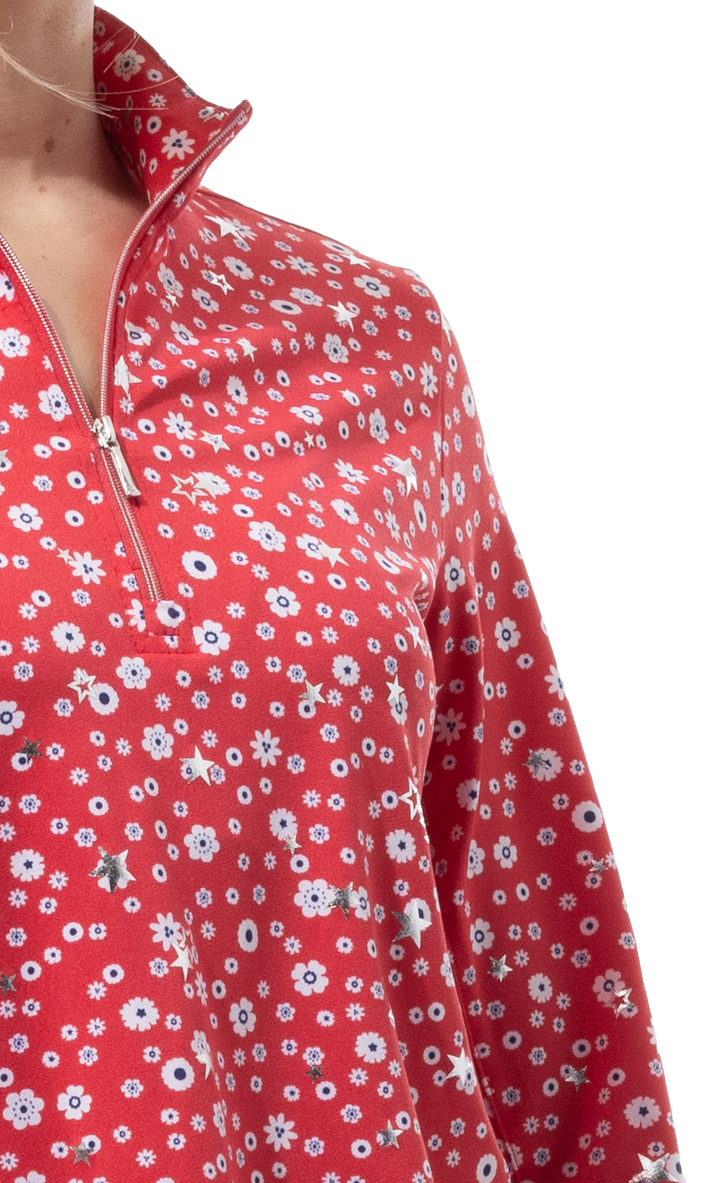 SanSoleil SolShine Star Struck Red Silver 1/4 Zip Mock 