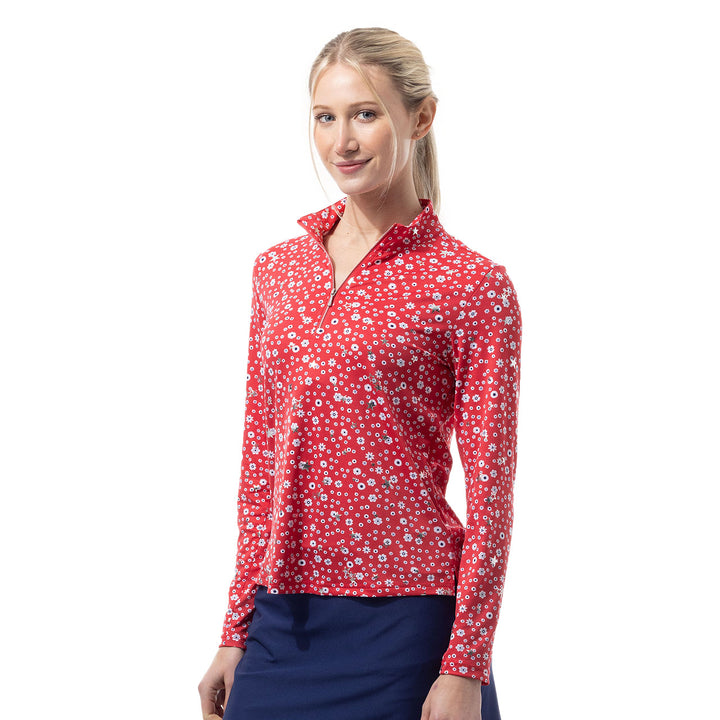 SanSoleil SolShine Star Struck Red Silver 1/4 Zip Mock 
