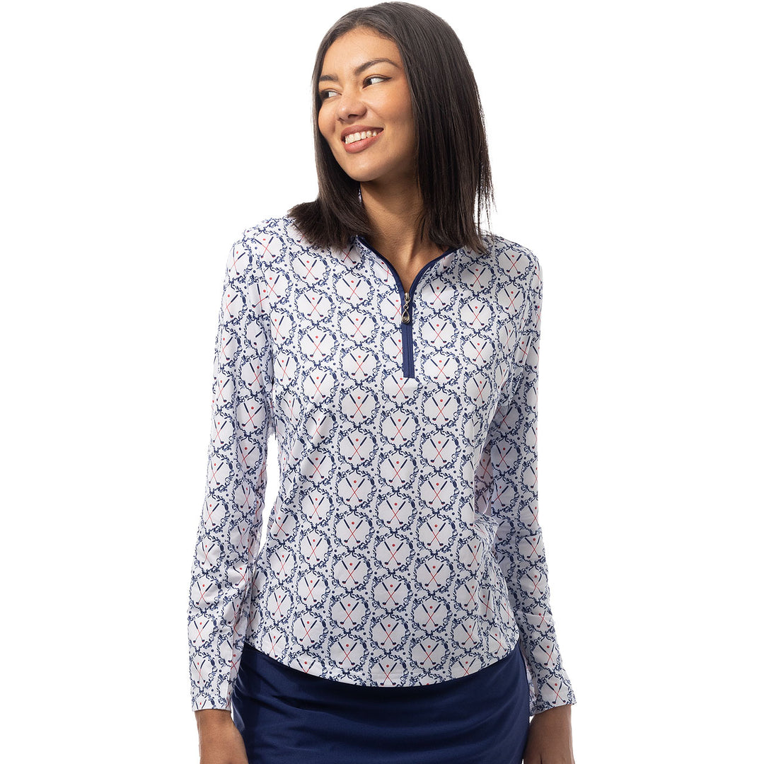 SanSoleil SolCool ¼ Zip Mock Golf Top in Golf Crest Navy and Red