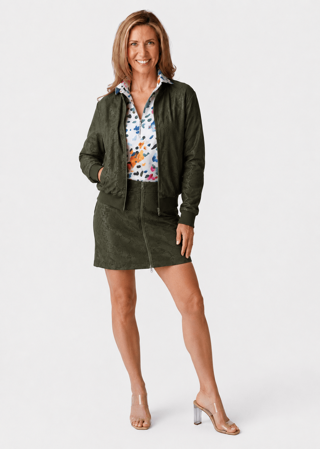 Danni Olive Embossed Bomber Jacket