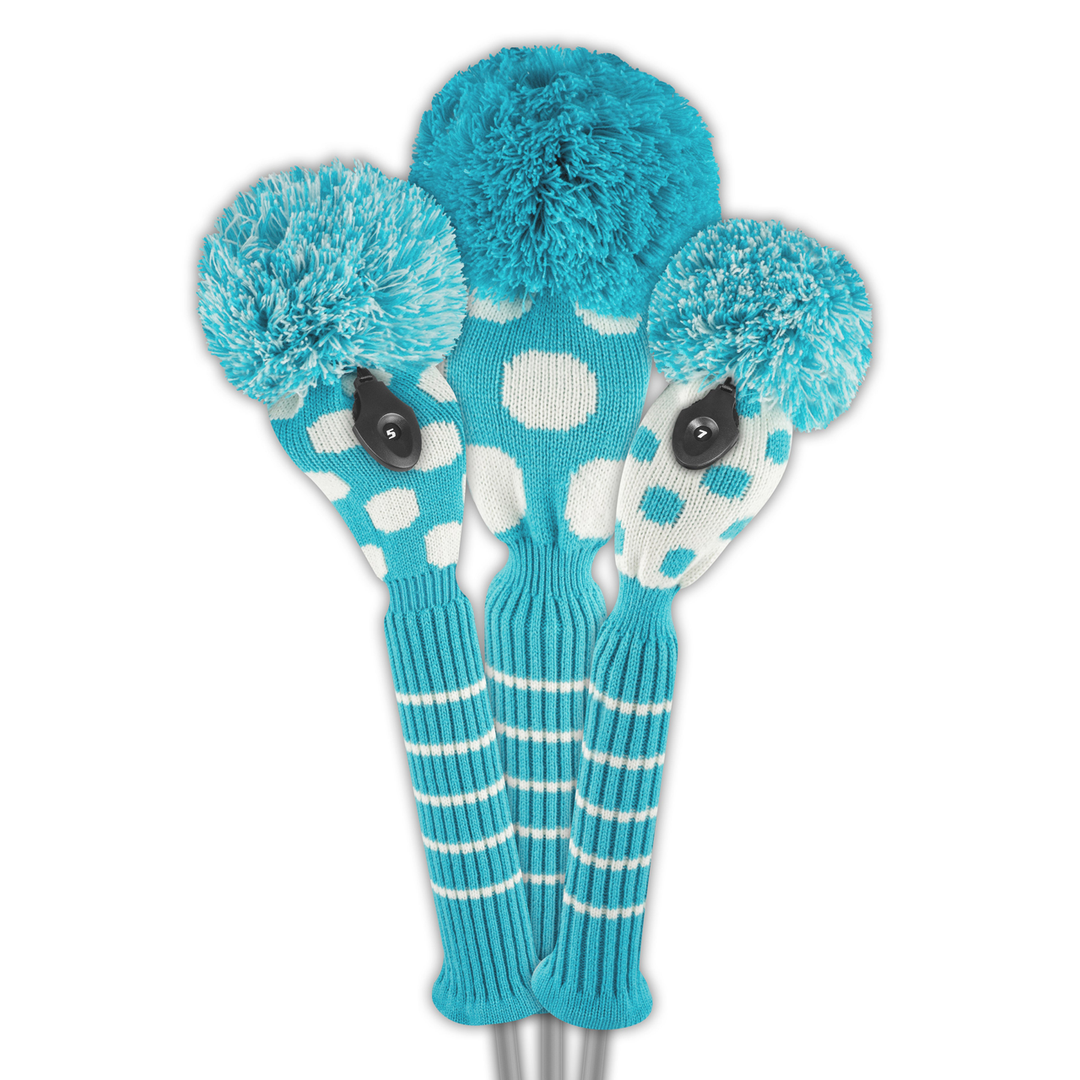 Just4Golf Turquoise/White Dots Knit Headcovers With Pom
