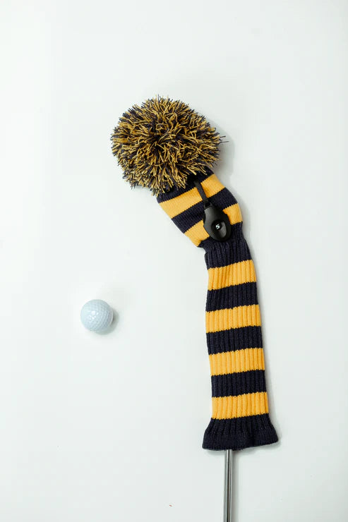 Just4Golf Navy/Gold Knit Headcovers With Pom