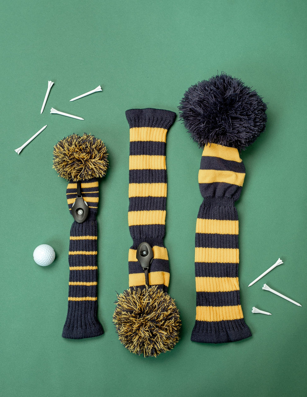 Just4Golf Navy/Gold Knit Headcovers With Pom