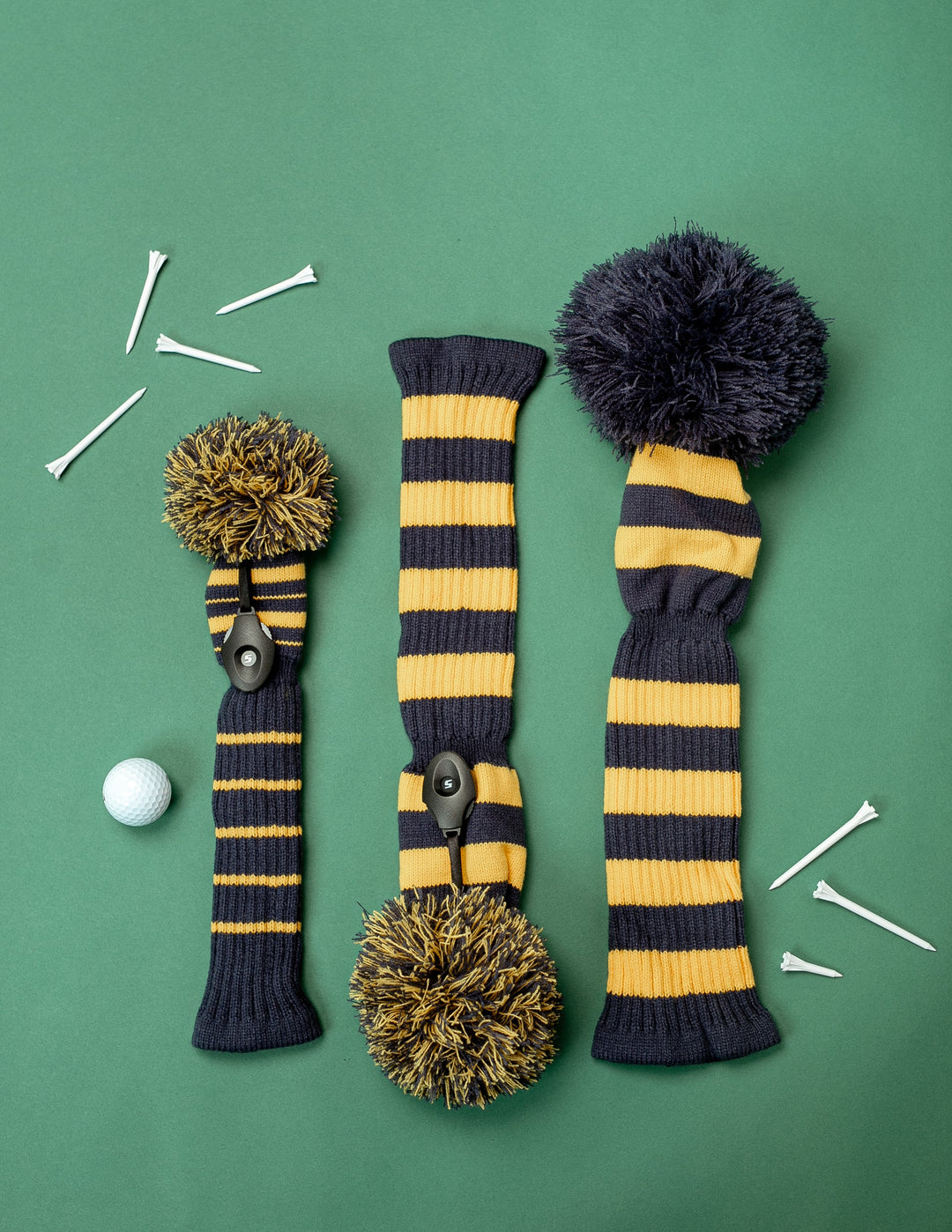 Just4Golf Navy/Gold Knit Headcovers With Pom