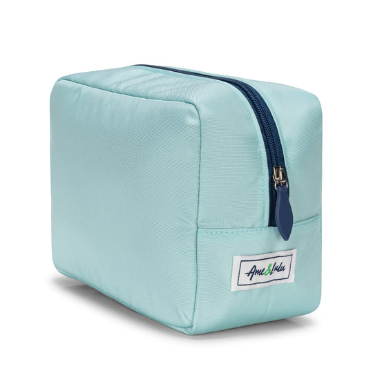 Light blue rectangular pouch with a navy zipper on a white background