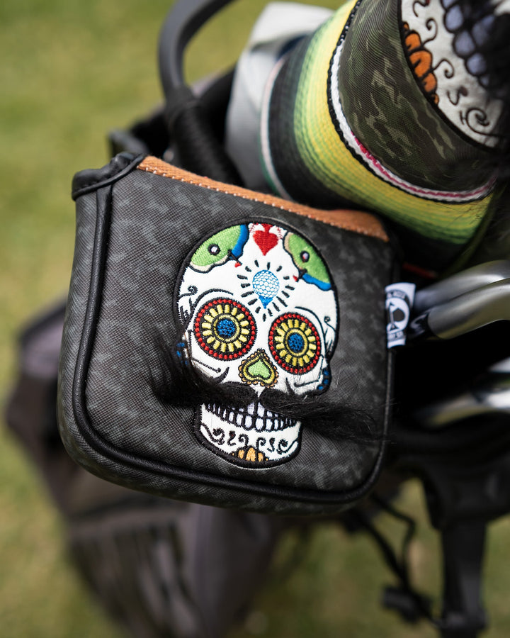 Pins &amp; Aces Mustache Sugar Skull - Mallet Putter Cover Gray Camo