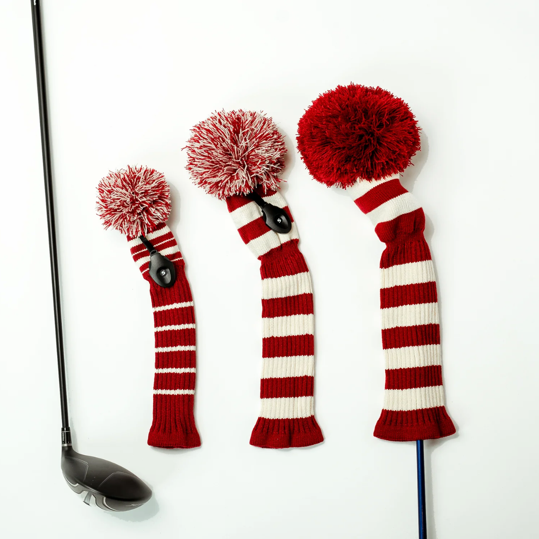 Just4Golf Crimson/Cream Knit Headcovers With Pom