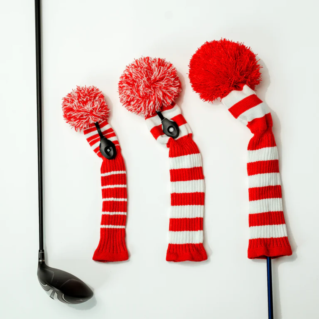 Just4Golf Red/White Knit Headcovers With Pom