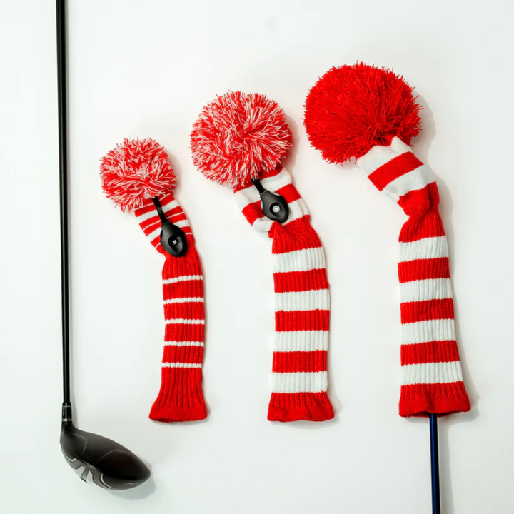 Just4Golf Red/White Knit Headcovers With Pom