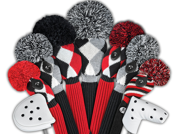 Just4Golf Red/Black Diamond Argyle Knit Headcovers With Pom