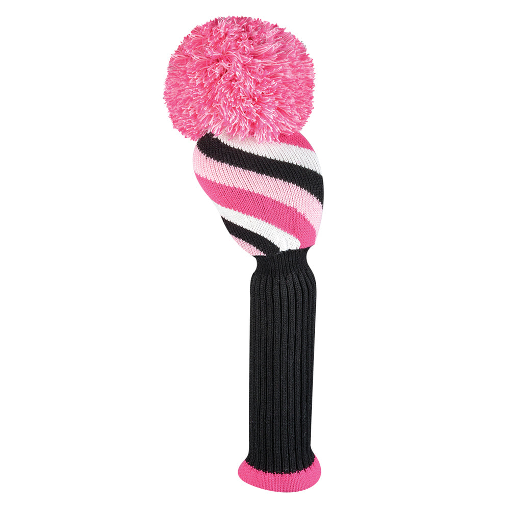 Just4Golf Pink/Black Diagonal Stripe Knit Headcovers With Pom