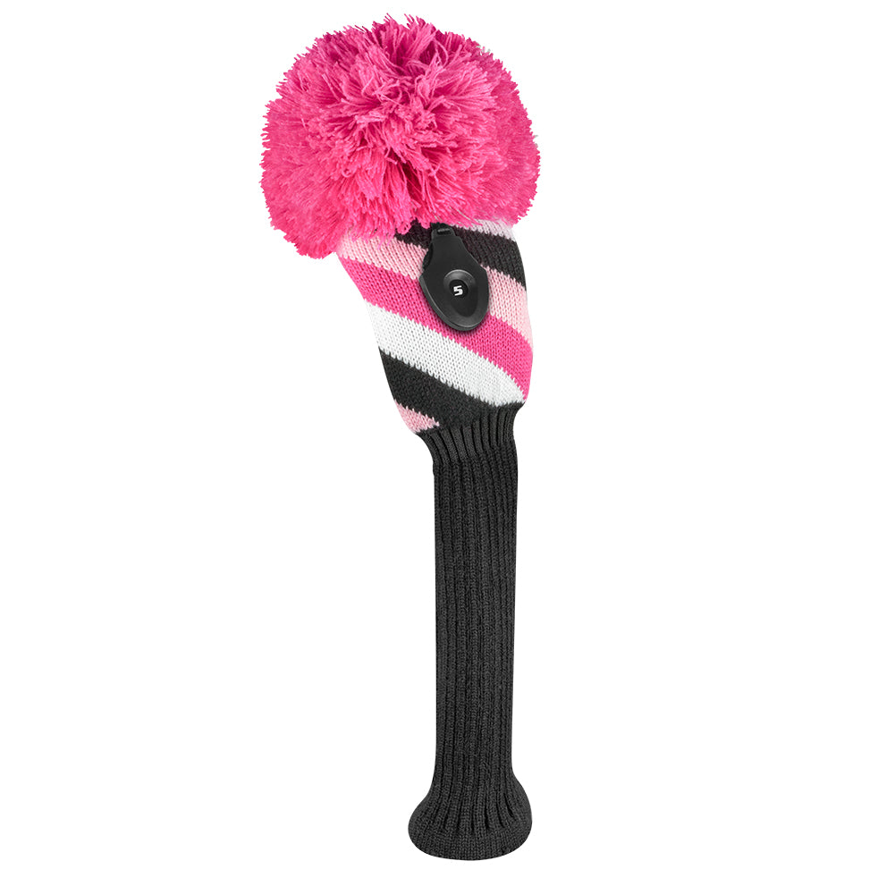 Just4Golf Pink/Black Diagonal Stripe Knit Headcovers With Pom