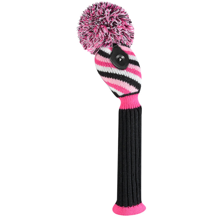Just4Golf Pink/Black Diagonal Stripe Knit Headcovers With Pom