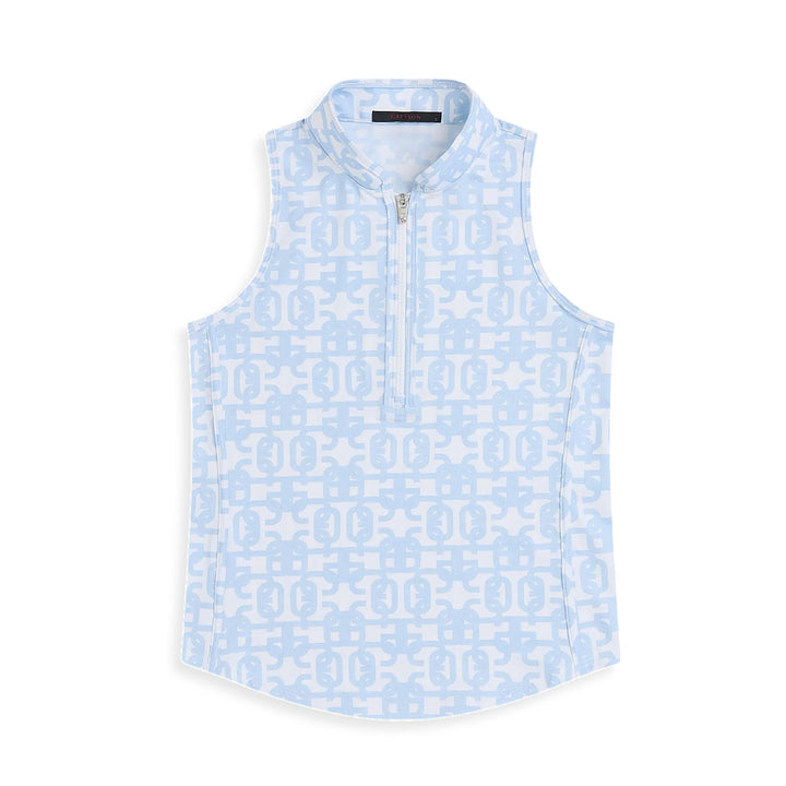 Greyson Alpha Glyph Sleeveless Vesta Mock Neck Top for women featuring signature printed design, sleeveless silhouette, and lightweight performance fabric for golf and active wear.