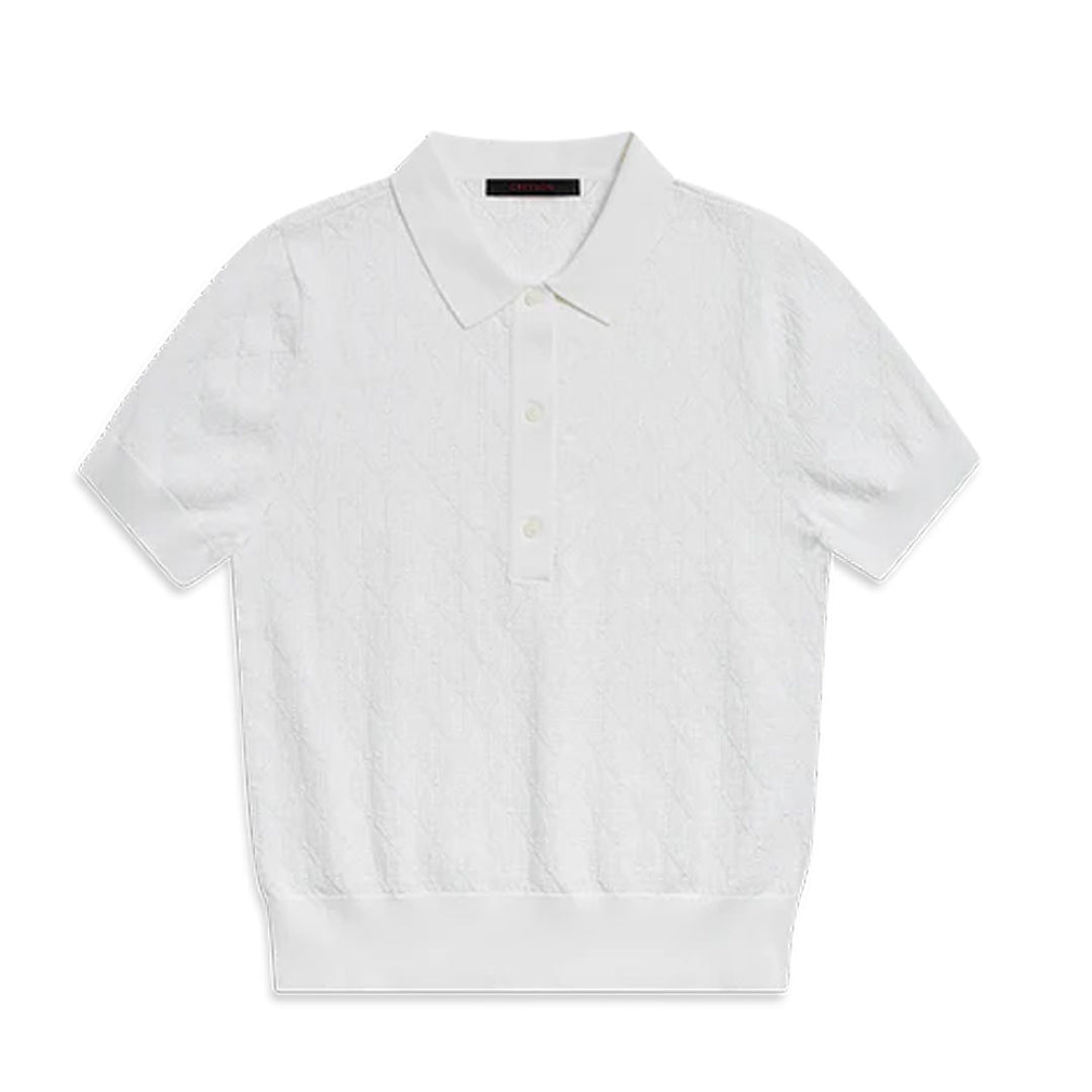 Greyson Pointelle Short Sleeve Polo for women featuring breathable pointelle knit texture, short sleeves, and a polished performance fit.