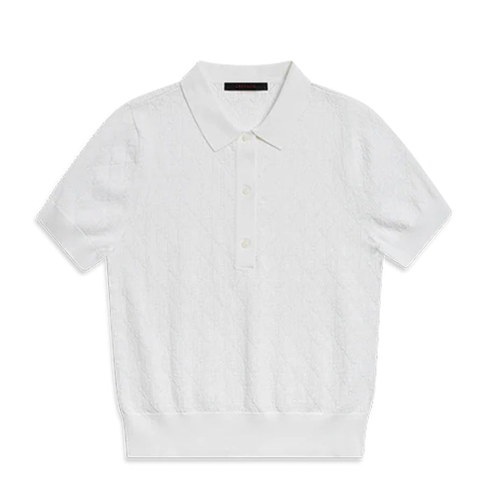 Greyson Pointelle Short Sleeve Polo for women featuring breathable pointelle knit texture, short sleeves, and a polished performance fit.