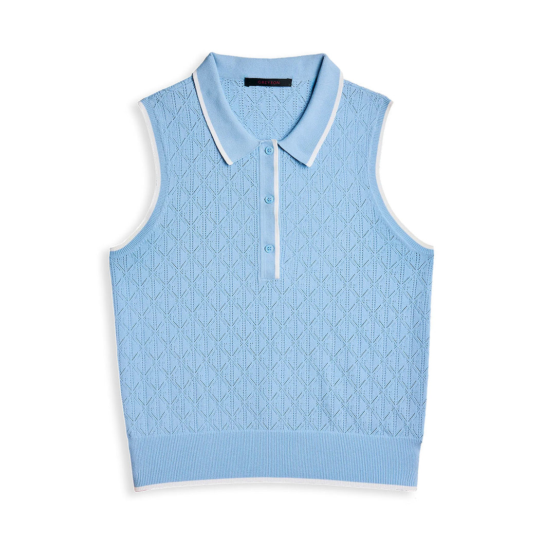 Women's Greyson Pointelle Sleeveless Polo in Wolf Blue featuring breathable pointelle knit texture and a polished performance fit.