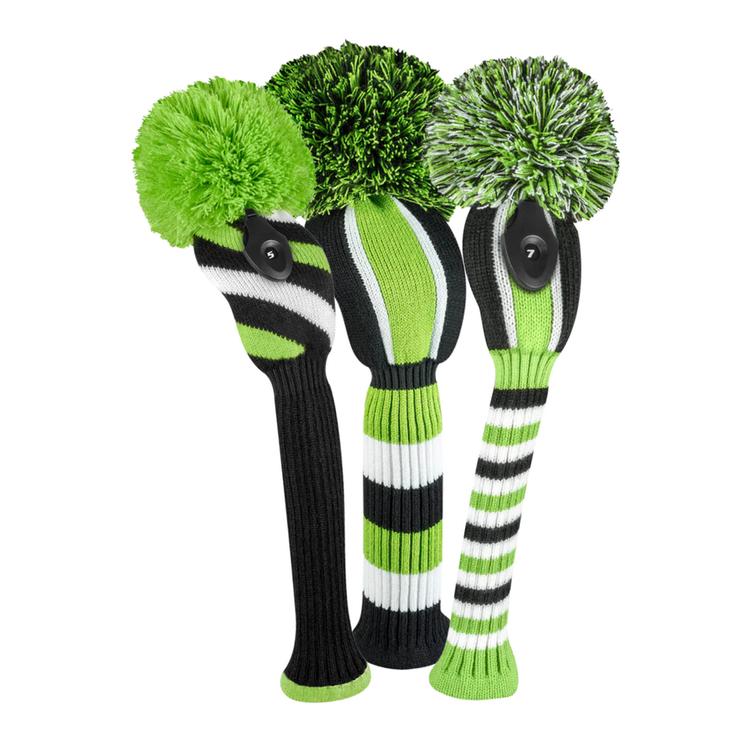 Just4Golf Lime/Black Stripe Knit Headcovers With Pom