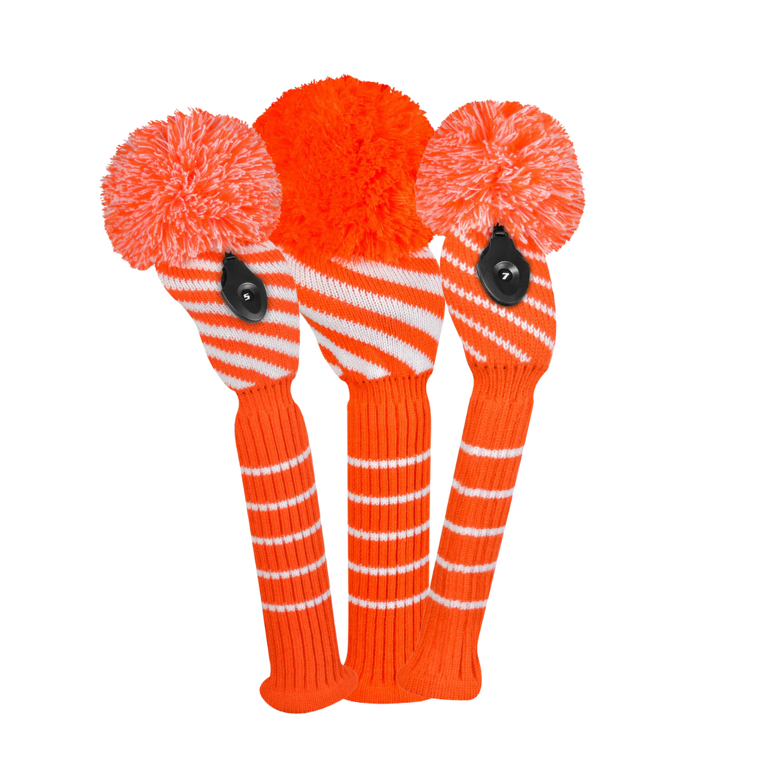 Just4Golf Orange Stripe Knit Headcovers With Pom