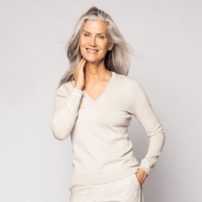 Golftini Khaki/White Stretch V-Neck Sweater