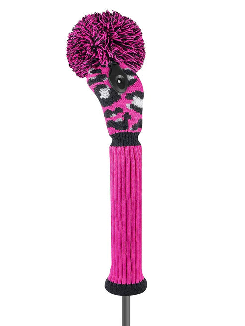 Just4Golf Hot Pink/Black Leopard Knit Headcovers With Pom