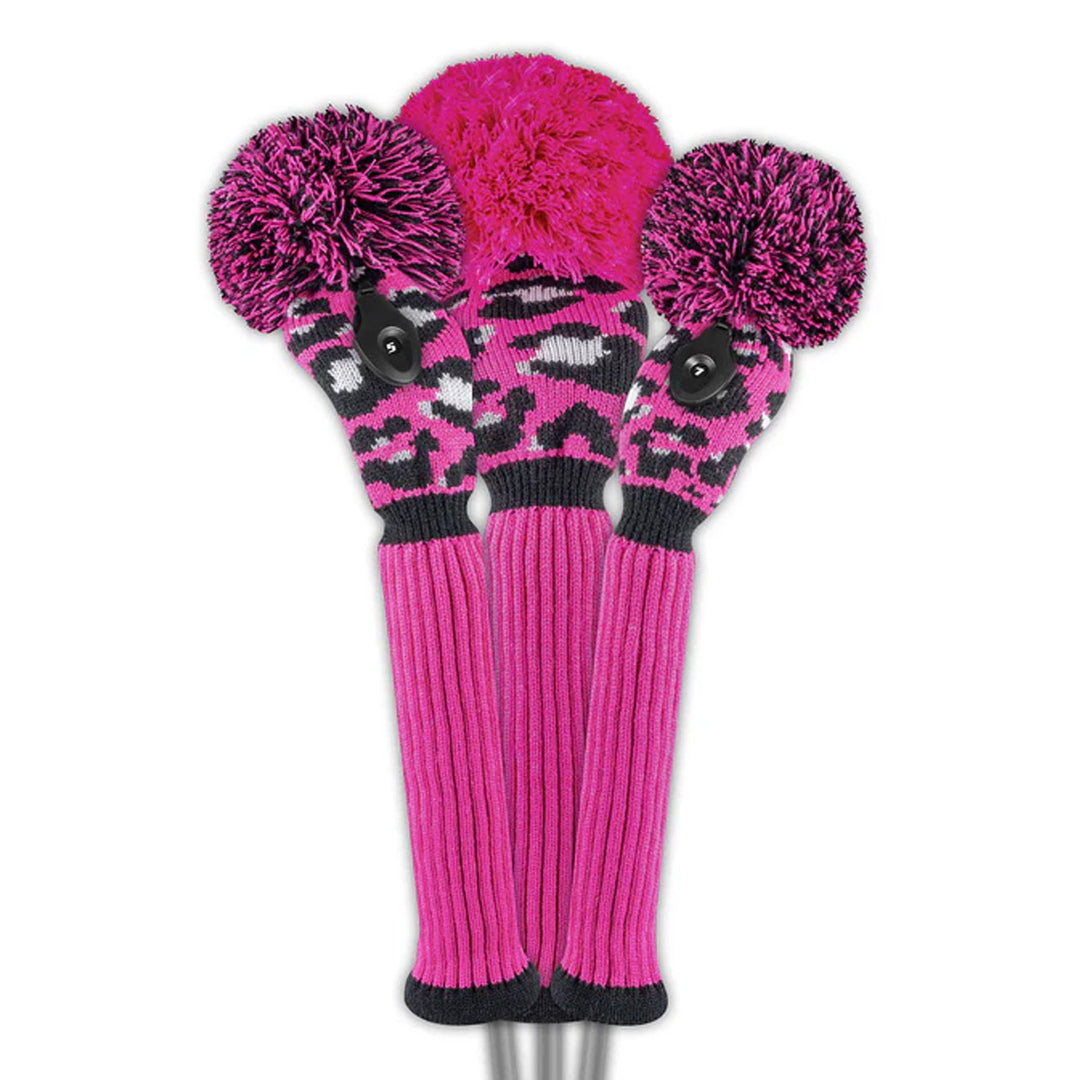 Just4Golf Hot Pink/Black Leopard Knit Headcovers With Pom