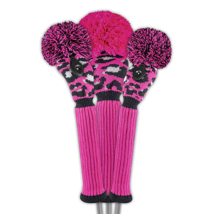 Just4Golf Hot Pink/Black Leopard Knit Headcovers With Pom