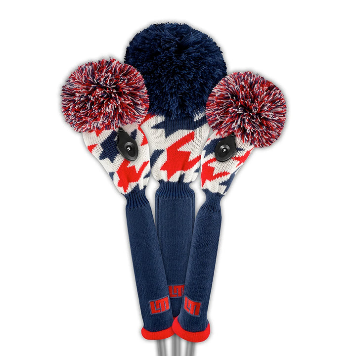 Just4Golf Red/Navy Tooth Knit Headcovers With Pom
