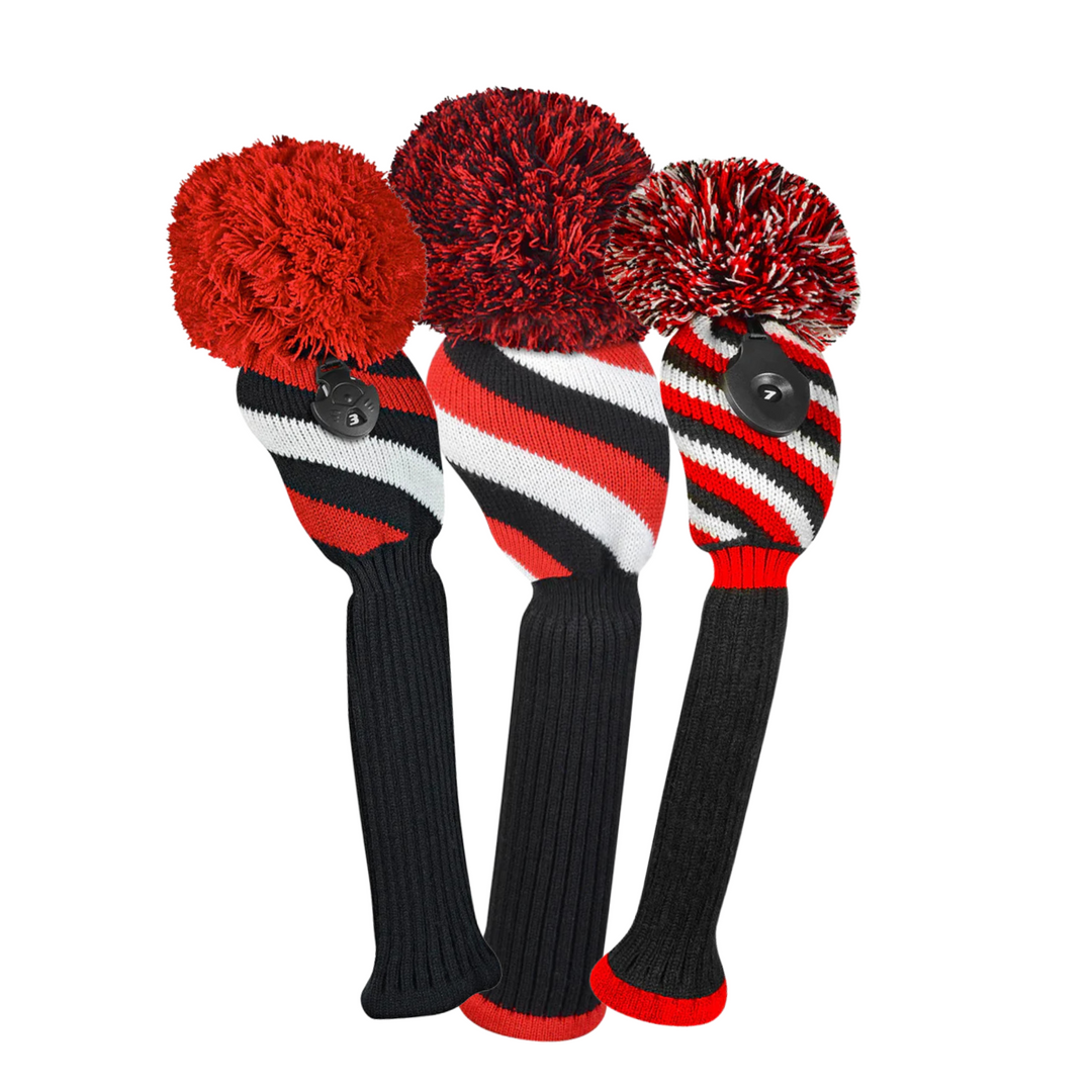 Just4Golf Red/Black Diagonal Stripe Knit Headcovers With Pom