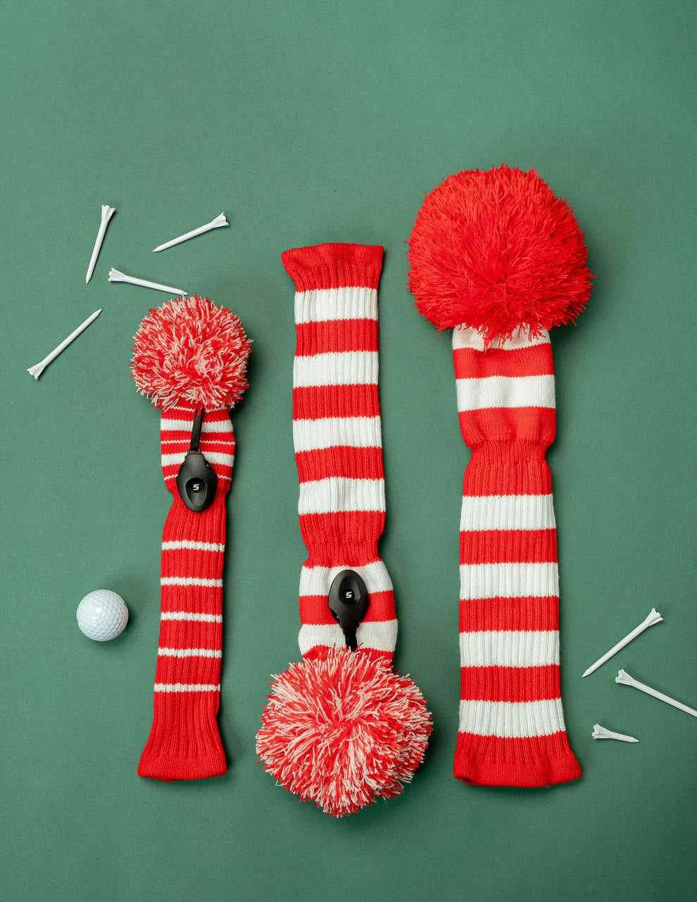 Just4Golf Red/White Knit Headcovers With Pom