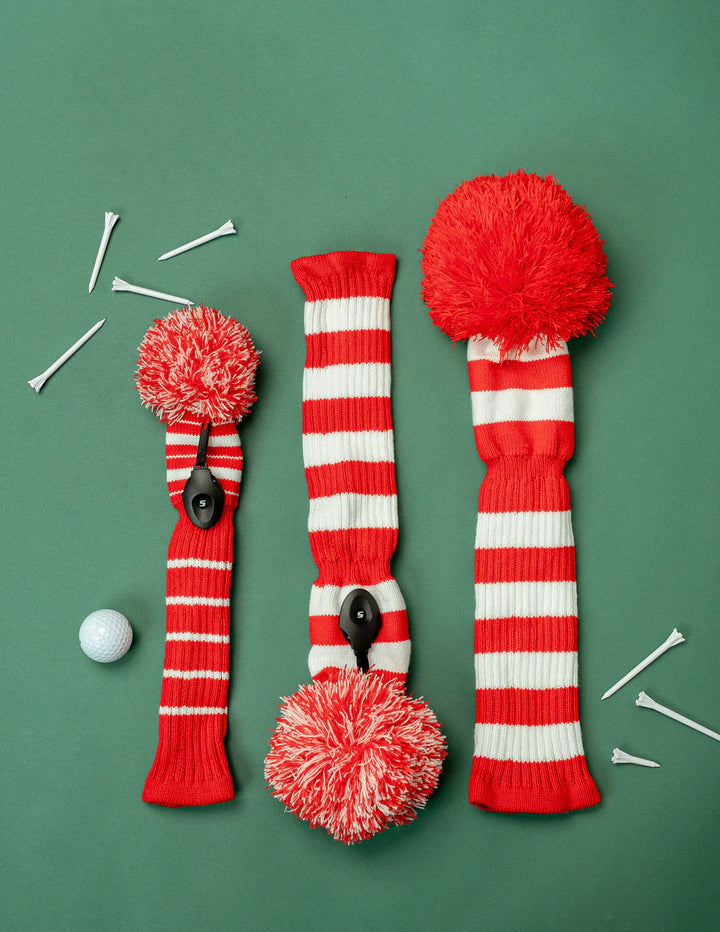 Just4Golf Red/White Knit Headcovers With Pom