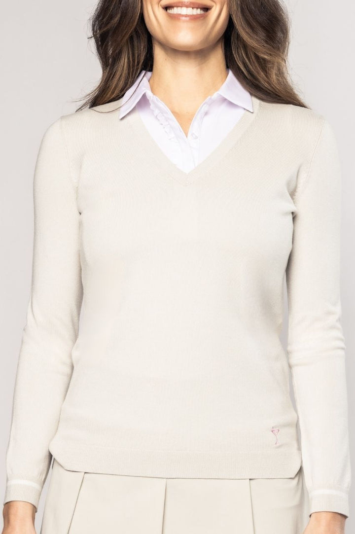 Golftini Khaki/White Stretch V-Neck Sweater