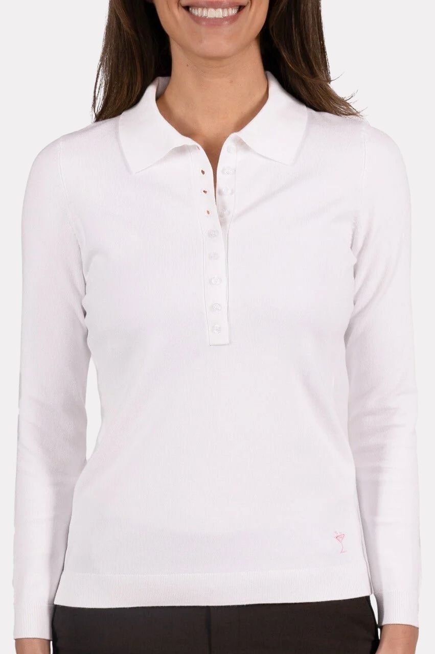 Golftini Button White Polo Long Sleeve Sweater