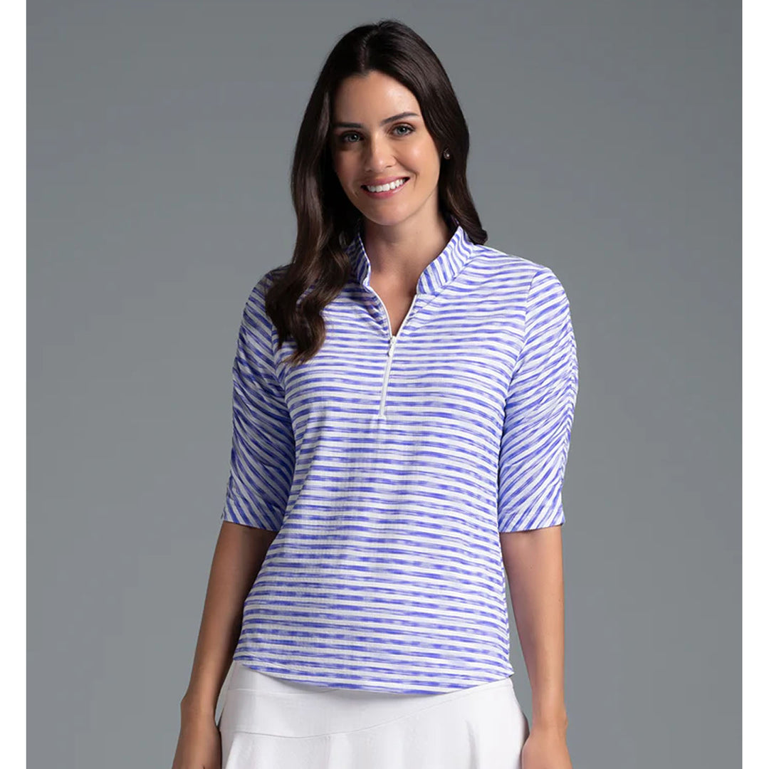 IBKUL Landon Stripe II Ruched Elbow Sleeve Mock