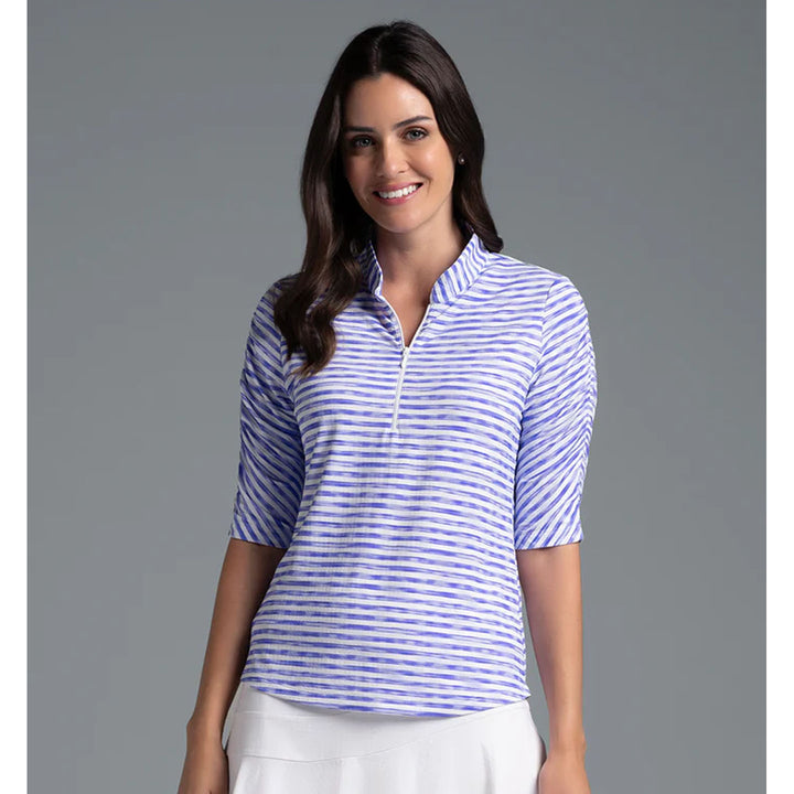 IBKUL Landon Stripe II Ruched Elbow Sleeve Mock
