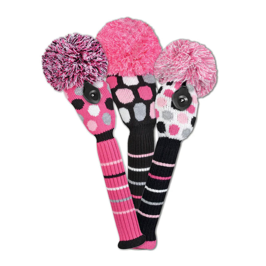 Just4Golf Pink/Black Dots Knit Headcovers With Pom