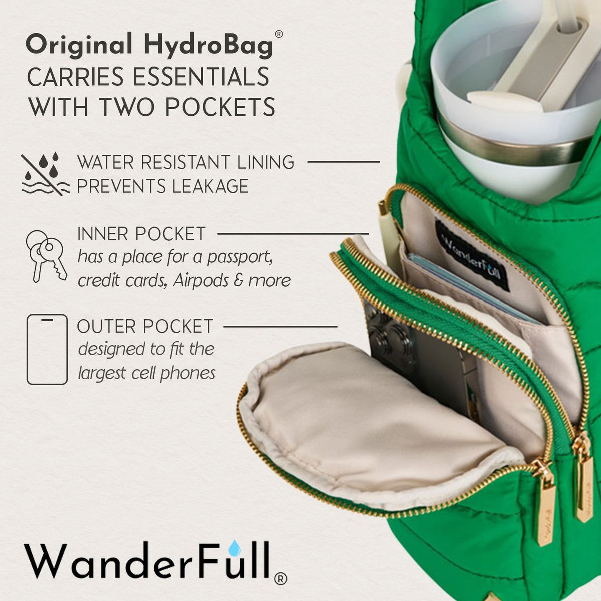 WanderFull Classic Matte Kelly Green HydroBag® with Pink/Green Strap