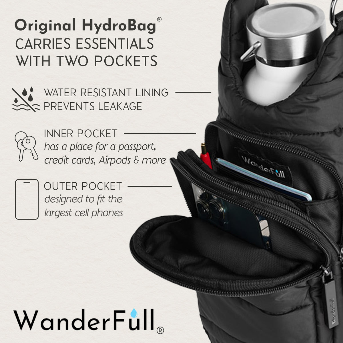 WanderFull Vegan Black Leather HydroBag® with Strap Bundle